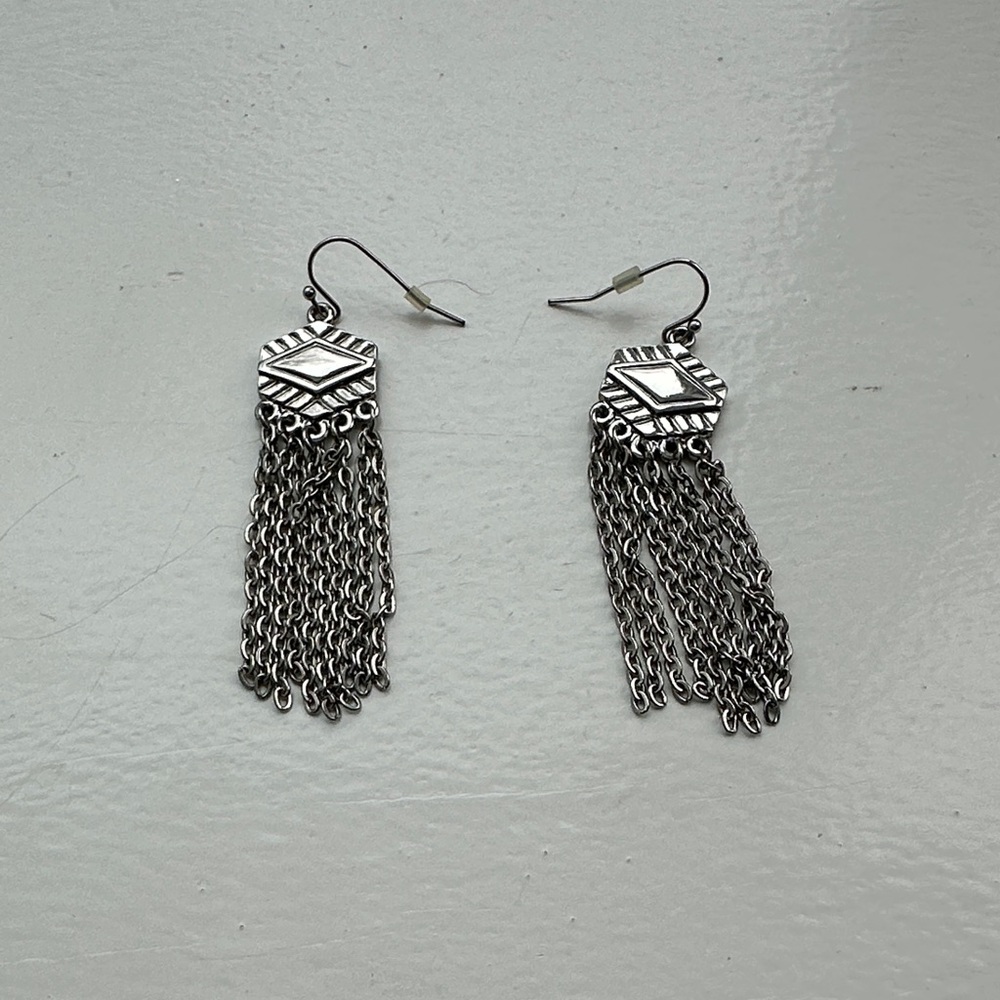 Motorcycle Silver Geometric Dangle Earrings 2 inch tassels